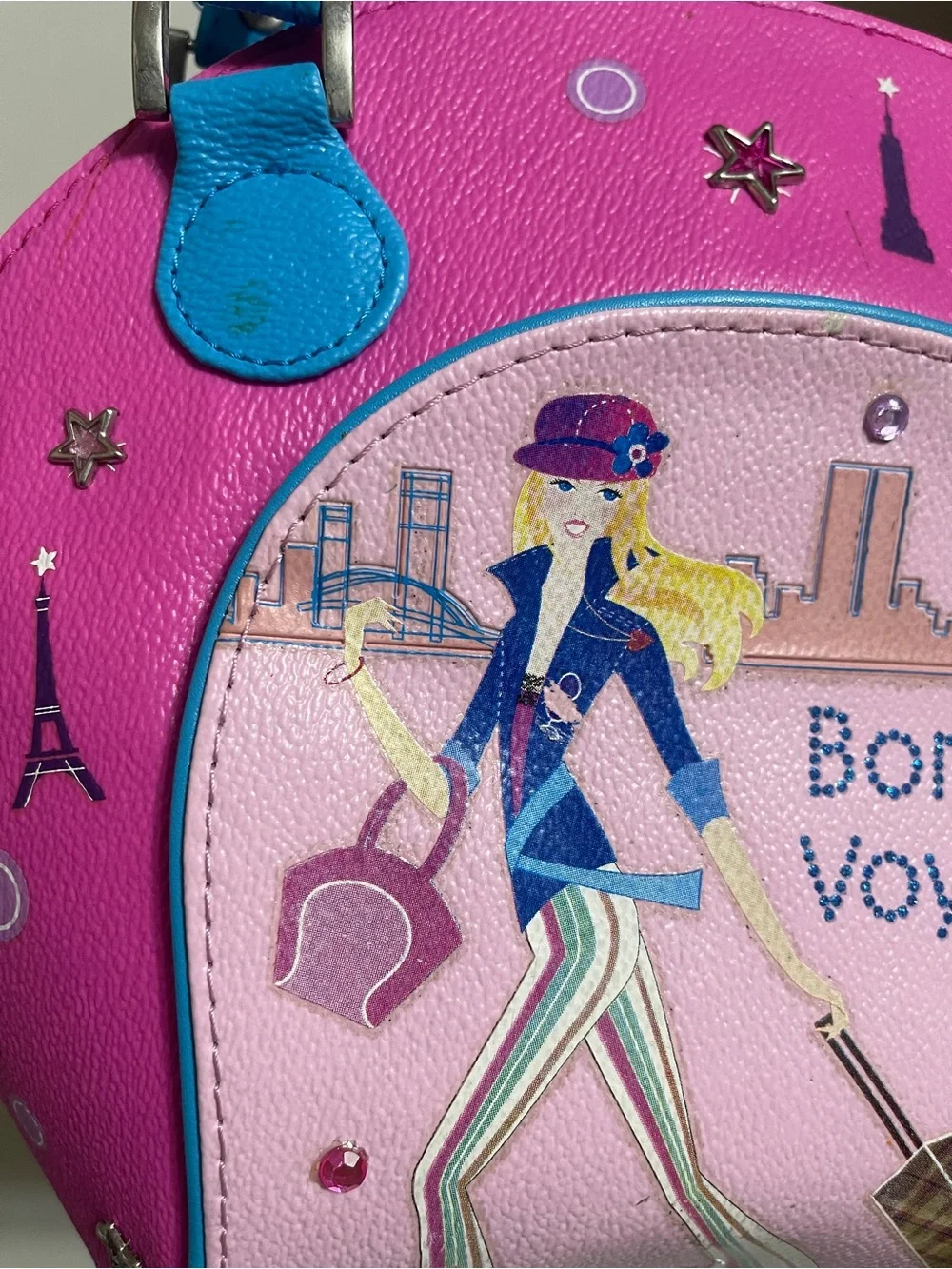 Barbie VTG Bon Voyage Pink & Blue Dome Satchel Bag